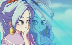 1girl blue_hair chrono_trigger cloud cloudy_sky dress earrings gold_earrings green_eyes hair_tie hand_on_own_cheek hand_on_own_face jewelry light_smile long_hair long_sleeves parted_bangs ponytail purple_dress reflection schala_zeal shikiwo sky solo upper_body wide_ponytail