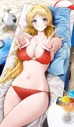 1girl absurdres ahoge beach bikini bird blonde_hair blue_eyes blush breasts cleavage commentary_request cup double_v drinking_glass hachimiya_meguru highres idolmaster idolmaster_shiny_colors large_breasts long_hair looking_at_viewer mattress navel pdal_(pdalhhh) phone red_bikini seagull side-tie_bikini_bottom skindentation smile solo swimsuit thighs v