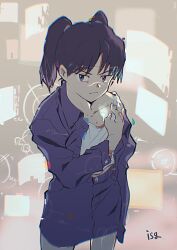 1girl absurdres amasawa_yuuko artist_name blue_eyes blue_hair brown_background chromatic_aberration clothes_pull clothing_aside collarbone collared_jacket crop_top denim denim_jacket denim_skirt dennou_coil from_above glitch glowing glowing_skin grey_background head-mounted_display highres isg12_(gsj0633) jacket jitome keyhole legs_apart long_sleeves looking_at_viewer monitor serious shirt short_hair short_twintails skirt solo standing twintails v-shaped_eyebrows white_background white_shirt