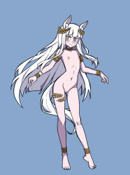 1girl alternate_costume animal_ears arknights barefoot blue_background blush bracelet chinese_commentary cleft_of_venus commentary_request completely_nude flat_chest gold gold_anklet gold_armlet gold_belt gold_bracelet gold_collar halo highres horse_ears horse_girl horse_tail hydrogina jewelry large_variant_set laurel_crown long_hair looking_at_viewer nipples nude platinum_(arknights) purple_eyes pussy ringed_eyes simple_background smile solo tail vanripper_(style) variant_set white_hair