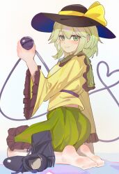 Rule 34 | 1girl, black boots, black hat, boots, feet, frilled sleeves, frills, green eyes, green hair, green skirt, hat, hat ribbon, highres, holding eyeball, kakuburi marurin arare, komeiji koishi, long sleeves, pantyhose, ribbon, shirt, shoes, skirt, soles, solo, third eye, toes, touhou, unworn boots, unworn shoes, white pantyhose, wide sleeves, yellow ribbon, yellow shirt