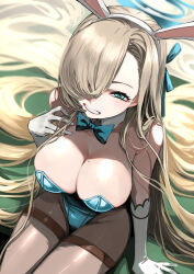 1girl absurdly_long_hair animal_ear_hairband animal_ears arm_at_side arm_support armpit_crease artist_name asuna_(blue_archive) asuna_(bunny)_(blue_archive) blonde_hair blue_archive blue_bow blue_bowtie blue_eyes blue_halo blue_leotard bow bowtie breasts brown_pantyhose cleavage collar commentary cowboy_shot detached_collar elbow_gloves english_commentary eudetenis eyelashes fake_animal_ears from_above gloves grin hair_over_one_eye hair_over_shoulder hair_spread_out hairband half-closed_eyes halo hand_in_own_hair hand_up highres large_breasts leotard long_bangs long_hair long_sidelocks looking_at_viewer looking_up mole mole_on_breast one_eye_covered pantyhose rabbit_ear_hairband rabbit_ears sidelocks sitting smile solo very_long_hair very_long_sidelocks white_collar white_gloves white_hairband