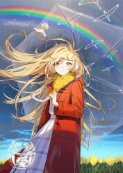 1girl absurdres blonde_hair blue_sky cloud coat commentary day dress earmuffs eshi_100_nin_ten field floating_hair flower flower_field highres holding holding_umbrella hood hooded_coat kitada_mo long_dress long_hair looking_at_viewer original outdoors parted_lips pleated_dress rainbow red_coat scarf sky solo symbol-only_commentary transparent transparent_umbrella umbrella very_long_hair white_dress yellow_eyes yellow_scarf