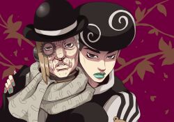 1boy 1other afro akefu_satoru aqua_lips aqua_nails black_hair black_hat black_shoes bowler_hat commentary english_commentary floral_background grey_eyes grey_hair grey_scarf grey_sleeves hat highres jojo_no_kimyou_na_bouken jojolion kristallion looking_at_viewer makeup male_focus monocle nail_polish old parted_lips pink_background recolored scarf shoes stand_(jojo) teeth tooru_(jojolion) transformation wonder_of_u