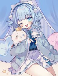 Rule 34 | 1girl, :3, ;d, ahoge, animal hat, blue cardigan, blue hair, blue ribbon, blue shirt, blunt bangs, blush, cardigan, cat hat, commentary, commission, cowboy shot, crown, frilled sailor collar, frills, hair ornament, hashtag-only commentary, hat, heart, heart-shaped pillow, highres, hisuiyasai, holding, holding stuffed toy, indie virtual youtuber, long sleeves, looking at viewer, neck ribbon, one eye closed, open cardigan, open clothes, open mouth, pillow, pleated skirt, pom pom (clothes), pom pom hair ornament, ribbon, sailor collar, shirt, short hair, skeb commission, skirt, sleeves past wrists, smile, solo, stuffed toy, twitter username, two side up, uriri (vtuber), white hat, white sailor collar, white skirt