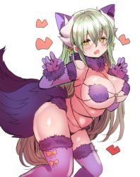 1girl animal_ears aqua_hair breasts cosplay dragon_girl dragon_horns elbow_gloves fake_animal_ears fake_tail fate/grand_order fate_(series) fur-trimmed_gloves fur-trimmed_legwear fur_collar fur_trim gloves halloween_costume horns kiyohime_(fate) large_breasts long_hair mamemix mash_kyrielight mash_kyrielight_(dangerous_beast) mash_kyrielight_(dangerous_beast)_(cosplay) multiple_horns o-ring o-ring_top official_alternate_costume purple_gloves purple_legwear revealing_clothes solo tail wolf_ears wolf_tail yellow_eyes