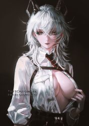 1girl absurdres black_bra black_horns black_pants bra breasts chest_harness collared_shirt cowboy_shot curled_horns earrings hair_between_eyes harness highres horns jewelry key_earrings large_breasts looking_to_the_side multicolored_hair necktie nixeu no_jacket open_clothes open_shirt pants patreon_username red_eyes red_necktie revision shirt shirt_tucked_in signature solo streaked_hair underwear white_shirt wuthering_waves zani_(wuthering_waves)