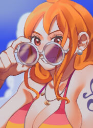 1girl bare_shoulders bikini blue_sky breasts cleavage cloud cloudy_sky collarbone commentary_request earrings gold_necklace halterneck highres holding holding_removed_eyewear jewelry large_breasts long_hair looking_at_viewer multicolored_bikini nami_(one_piece) necklace official_alternate_costume one_piece one_piece_film:_z orange_eyes orange_hair outdoors pandar_op parted_lips pearl_earrings shoulder_tattoo sidelocks sky smile solo sunglasses swimsuit tattoo unworn_eyewear upper_body wavy_hair white-framed_eyewear