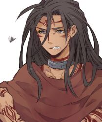 Rule 34 | 1boy, black hair, blue eyes, clenched teeth, cloak, collar, dark-skinned male, dark skin, facial mark, long hair, male focus, metal collar, red cloak, scowl, scp-076-2, scp foundation, solo, squiggle, swan (doesu), tattoo, teeth, upper body, white background