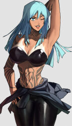 1girl abs arm_behind_head arm_tattoo armpits black_pants blue_eyes blue_hair breasts collarbone commentary commission devil_summoner:_soul_hackers devil_summoner_(series) english_commentary eyelashes highres large_breasts madoro_q nemissa one_eye_closed pants simple_background solo stomach_tattoo tan tanline tattoo tongue tongue_out vgen_commission