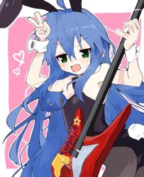 Rule 34 | 1girl, :3, ahoge, animal ears, blue hair, blush, character name, electric guitar, fake animal ears, fang, green eyes, guitar, heart, highres, holding, holding guitar, holding instrument, instrument, izumi konata, leotard, long hair, looking at viewer, lucky star, mole, mole under eye, mzu1315221, open mouth, outside border, pantyhose, pink background, playboy bunny, rabbit ears, rabbit tail, skin fang, star (symbol), star print, tail, v, white wrist cuffs, wrist cuffs