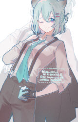 1girl ;) =_hair_ornament absurdres alternate_costume alternate_hairstyle animal_ears black_gloves blue_archive blue_necktie brown_pants carrying_over_shoulder closed_mouth collared_shirt commentary_request double-parted_bangs film_grain glint gloves green_hair hair_between_eyes hair_ornament hairclip half_updo hand_on_own_hip hand_up highres hip_flask kuritiizu long_sleeves looking_at_viewer medium_hair necktie one_eye_closed pants purple_eyes shigure_(blue_archive) shirt simple_background sleeves_rolled_up smile solo suspenders watermark weasel_ears weasel_girl white_background white_shirt zoom_layer
