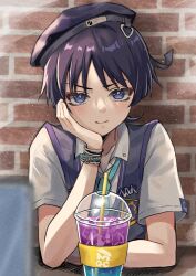 1boy alternate_costume aqua_necktie arm_on_table beret black_hair blue_eyes blunt_ends car coffee elbow_on_table eyeliner eyeshadow genshin_impact hand_on_own_cheek hand_on_own_face hat highres iced_coffee looking_at_viewer makeup male_focus motor_vehicle necktie official_alternate_costume purple_vest red_eyeliner red_eyeshadow scaramouche_(genshin_impact) short_sleeves smile snow20200 solo vest wanderer_(genshin_impact) wanderer_(mega_mgc_coffee)_(genshin_impact)