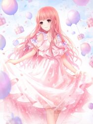 1girl artist_request balloon bare_shoulders blue_sky blunt_bangs bow brown_eyes closed_mouth clothing_cutout cloud confetti cowboy_shot day dot_nose dress frilled_dress frilled_sleeves frills game_cg gift happy highres light_blush light_particles long_dress long_hair looking_at_viewer miracle_nikki nikki_(nikki) nikki_(series) official_art outdoors pink_dress pink_hair purple_bow short_sleeves shoulder_cutout sidelocks skirt_hold sky sleeve_bow smile snowflake_print solo third-party_source wavy_hair