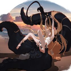 1girl abigail_williams_(fate) abigail_williams_(swimsuit_foreigner)_(fate) abigail_williams_(swimsuit_foreigner)_(second_ascension)_(fate) bare_shoulders beach blonde_hair blue_eyes bow breasts cat cloud dress_swimsuit fate/grand_order fate_(series) flower full_body highres keyhole lelexia002 long_hair ocean one-piece_swimsuit open_mouth outdoors parted_bangs sand sky small_breasts swimsuit tentacles very_long_hair water white_one-piece_swimsuit