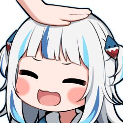 1girl 1other ^_^ artist_request bad_link blue_hair blunt_bangs blush_stickers chibi closed_eyes gawr_gura gawr_gura_(1st_costume) hair_ornament hand_on_another&#039;s_head headpat hololive hololive_english multicolored_hair official_art portrait shark_hair_ornament streaked_hair transparent_background two_side_up virtual_youtuber white_hair