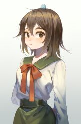 1girl arm_behind_back brown_eyes brown_hair commentary gtcockroach highres holding_another&#039;s_arm long_hair long_sleeves looking_to_the_side neck_ribbon original ribbon school_uniform shirt_tucked_in skirt solo