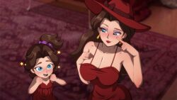 2girls absurdres blue_eyes breasts brown_hair clenched_hands closed_mouth collarbone cowboy_shot donkey_kong_(series) donkey_kong_bananza dress earrings eyeshadow female_focus flat_chest g_reaper hat highres jewelry large_breasts lipstick long_hair looking_at_another makeup mario_(series) multiple_girls nintendo open_mouth pauline_(mario) pauline_(young)_(mario) ponytail red_dress red_hat red_lips scrunchie short_hair smile speech_bubble star_(symbol) sun_hat super_mario_bros._1 teeth textless_version time_paradox upper_teeth_only