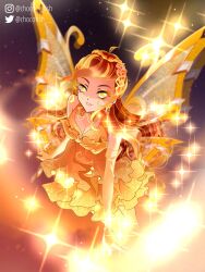 1girl afterimage ahoge alternate_color bad_id bad_twitter_id bare_legs bare_shoulders barefoot_sandals_(jewelry) black_background blonde_hair bloom_(winx_club) bow bowtie braid breasts chocofish cleavage commentary crown_braid dress elbow_gloves enchantix english_commentary eyelashes eyeshadow fairy fairy_wings fiery_background fire flying frilled_dress frills from_above gloves gradient_background hair_ornament halter_dress halterneck heart heart_hair_ornament highres light_particles lipstick long_hair magical_girl makeup multicolored_hair orange_background orange_bow orange_bowtie orange_dress orange_eyeshadow orange_gloves orange_hair orange_wings parted_lips pink_lips sidelocks smile solo sparkle streaked_hair teeth two-tone_hair very_long_hair wings winx_club yellow_eyes