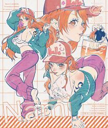 Rule 34 | 1girl, 2boys, all fours, armpit crease, baggy pants, bare shoulders, barefoot, baseball cap, bepo (one piece), blue jacket, blush, bracelet, breasts, brown eyes, character name, chewing gum, commentary request, crop top, drink, drinking, drinking straw, earrings, flower earrings, from side, full body, hat, jacket, jewelry, juice, large breasts, long hair, midriff, multiple boys, multiple views, nami (one piece), official alternate costume, one piece, open clothes, open jacket, orange hair, orange juice, pants, pearl earrings, purple pants, shirt, shoulder tattoo, sideboob, sleeveless, sleeveless shirt, standing, standing on one leg, tattoo, tongue, tongue out, trafalgar law, twitter username, upper body, wavy hair, white shirt, yum xoxo yum