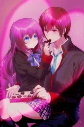 1boy 1girl a-chan_(little_busters!) awkward black_jacket black_pants black_socks blazer blue_bow blue_necktie blush bow brown_hair candy chocolate chocolate_heart collared_shirt commentary couple eyelashes feeding feet_out_of_frame food frown grey_skirt hair_between_eyes hand_up heart hetero highres hug hug_from_behind jacket kneehighs little_busters! little_busters!_school_uniform long_hair long_sleeves looking_at_another miiizuno_lbs miniskirt natsume_kyousuke necktie pants pink_background plaid_clothes plaid_skirt purple_hair school_uniform shirt short_hair shy simple_background sitting sitting_on_lap sitting_on_person skirt socks sparkle sweatdrop tareme tsurime valentine very_long_hair wavy_hair white_shirt
