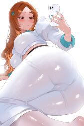 1girl absurdres ass bleach blue_nails blush breasts brown_eyes cellphone commentary english_commentary highres holding holding_phone inoue_orihime juliet_sleeves large_breasts long_hair long_skirt long_sleeves midriff miychi nail_polish orange_hair pencil_skirt phone photo-referenced puffy_sleeves shirt simple_background sitting_sideways skirt smartphone socks solo sweatdrop taking_picture white_background white_shirt white_skirt white_socks