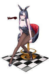1girl alternate_costume animal_ears artist_name bar_stool black_hair black_leotard bow bowtie breasts checkered_floor collarbone colored_inner_hair commentary detached_collar english_commentary eunhwa_(nikke) fishnet_pantyhose fishnets forehead full_body goddess_of_victory:_nikke high_heels highres leotard long_hair medium_breasts mole mole_under_mouth multicolored_hair noorung pantyhose parted_bangs parted_lips playboy_bunny purple_eyes purple_hair rabbit_ears side_part simple_background sitting solo stool tile_floor tiles torn_clothes torn_pantyhose white_background wing_collar wrist_cuffs