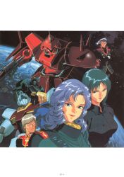 1980s_(style) 1990s_(style) 2girls 3boys absurdres angry beam_rifle ben_wooder blue_eyes blue_hair brown_hair buran_blutarch cable crossed_arms earth_(planet) energy_gun gm_ii green_hair gundam hairband highres kitazume_hiroyuki looking_at_viewer looking_back marasai mecha_pilot_suit military_uniform mouar_pharaoh multiple_boys multiple_girls nebula nemo_(mobile_suit) official_art oldschool one-eyed paptimus_scirocco planet pompadour purple_hair retro_artstyle rosamia_badam scan serious shoulder_spikes spikes star_(sky) titans_(gundam) traditional_media weapon zeta_gundam