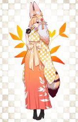 1girl alternate_costume alternate_hairstyle belt black_boots black_gloves blonde_hair boots bow folding_fan full_body gloves gradient_clothes gradient_kimono hair_over_one_eye hand_fan high_heels highres japanese_clothes kemono_friends kimono leaf_print notora obi orange_belt orange_bow orange_eyes orange_kimono print_kimono sash serval_(kemono_friends) short_hair solo white_hair