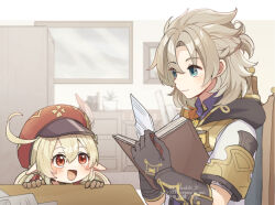 1boy 1girl ahoge albedo_(genshin_impact) black_hood blonde_hair blush book cabbie_hat chair chest_of_drawers commentary_request corn_kuten genshin_impact hat hat_feather holding holding_book indoors klee_(genshin_impact) looking_at_another messy open_book open_mouth peeking picture_frame pointy_ears ponytail red_eyes red_hat shirt short_ponytail short_twintails smile table twintails white_shirt window