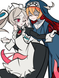 2girls apron blonde_hair bloody_marie_(skullgirls) brooch closed_eyes cxdotchison double_(skullgirls) dress frilled_apron frilled_dress frills grey_hair hair_ornament hands_on_another&#039;s_face jewelry long_hair maid_headdress monster_girl multiple_girls nun one_eye_closed pantyhose red_eyes skull_hair_ornament skullgirls smile tentacles twintails white_background