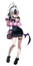 1girl absurdres alternate_costume ankle_socks bag bandaid bandaid_on_knee bandaid_on_leg black_bag black_bow black_hair black_mask black_shoes black_skirt blue_archive blush bow cellphone closed_mouth demon_girl demon_horns demon_wings frilled_shirt frills high-waist_skirt highres holding holding_bag holding_phone horns incredibly_absurdres jirai_kei kayoko_(blue_archive) looking_at_viewer miniskirt pencil_skirt phone pink_shirt ponytail red_eyes shirt shoes single skirt smartphone socks solo white_hair white_socks wings wonni_(user_fafu7345)