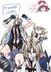 3girls absurdres black_dress black_panties blonde_hair blue_eyes breast_curtains breasts cartethyia_(wuthering_waves) center_opening clenched_hands commentary crown_of_thorns dress earrings english_commentary english_text fleurdelys_(wuthering_waves) hands_up highres horns jewelry large_breasts long_hair looking_at_viewer lupa_(wuthering_waves) multiple_girls panties pink_hair pointy_ears simple_background single_horn smug tabard tacet_mark_(wuthering_waves) tail tira_(tiiramiiisu2) underwear very_long_hair white_background white_tabard wolf_tail wuthering_waves yellow_horns