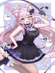 1girl ;d absurdres ahoge animal_ear_fluff animal_ears bare_arms bare_shoulders blush boots bow breasts cat_ears cat_tail cleavage commission copyright_request double-parted_bangs dress fur-trimmed_boots fur_trim hair_between_eyes hair_ornament hairclip hand_on_own_hip high_heel_boots high_heels highres ichiko_1234 indie_virtual_youtuber long_hair looking_at_viewer nyatasha_nyanners one_eye_closed open_mouth pink_hair purple_bow purple_eyes sleeveless sleeveless_dress smile solo tail thighhighs v vgen_commission x_hair_ornament