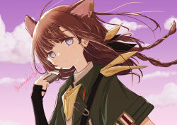 Rule 34 | 1girl, absurdres, animal ears, arknights, armor, blush, bright pupils, brown hair, closed mouth, cloud, collared jacket, commentary, food, green jacket, grey eyes, hair ornament, hairclip, highres, holding, holding food, jacket, long hair, lutonada (arknights), paperclip, pink sky, shirt, sky, solo, upper body, vambraces, white pupils, white shirt, wind, yudoufu (bioyudoufu)