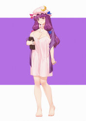 1girl barefoot blue_ribbon blush book bow breasts closed_mouth collarbone commentary_request crescent crescent_hat_ornament dress feet full_body hair_ribbon hat hat_ornament highres holding holding_book huge_breasts jewelry knees legs long_hair looking_at_viewer mob_cap neck_ribbon open_clothes open_shirt patchouli_knowledge pink_bow pink_dress pink_hat pink_ribbon purple_background purple_eyes purple_hair purple_shirt qingmingtongzi ribbon ring shirt solo toes touhou two-tone_background white_background
