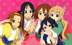 Rule 34 | 00s, 5girls, absurdres, akiyama mio, black eyes, black hair, blonde hair, blue eyes, brown eyes, brown hair, detexted, fur trim, hairband, headband, highres, hirasawa yui, ho-kago tea time, japanese clothes, k-on!, kimono, kotobuki tsumugi, long hair, multiple girls, nakano azusa, one eye closed, short hair, short kimono, short yukata, tainaka ritsu, third-party edit, twintails, v, very long hair, wink, yamada naoko, yukata
