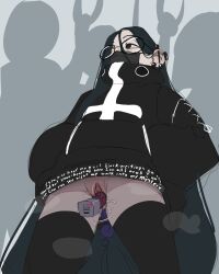 Rule 34 | 1girl, anal, anal object insertion, barbell piercing, black eyes, black hair, black hoodie, black nails, black thighhighs, blush, bottomless, clothes writing, commentary, cross, discreet vibrator, ear blush, ear piercing, earrings, english commentary, female masturbation, from below, glasses, goth fashion, hair behind ear, hands in pockets, highres, hood, hoodie, industrial piercing, inverted cross, jewelry, long hair, mask, masturbation, mouth mask, multiple earrings, nail polish, no panties, object insertion, original, oshii (suwafro), parted hair, piercing, public indecency, public masturbation, public vibrator, pussy, pussy juice, pussy juice trail, round eyewear, sex toy, silhouette, solo, stealth masturbation, steaming body, straight hair, suwafro, thighhighs, uncensored, vaginal, vaginal object insertion, very long hair, vibrator
