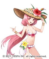 1girl bikini bow bow_bikini bracelet breasts cleo_(king&#039;s_raid) commentary_request cowboy_shot flower frilled_bikini frilled_bikini_top frills gold_bracelet hand_on_headwear hat hat_flower hwansang_jungdog jewelry king&#039;s_raid korean_commentary long_hair medium_breasts mixed-language_commentary official_alternate_costume official_art open_mouth partial_commentary pink_hair pointing red_bikini red_eyes red_flower simple_background smile solo straw_hat sun_hat swimsuit very_long_hair white_background white_bikini white_flower yellow_flower