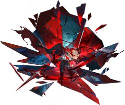 Rule 34 | 1boy, absurdres, armor, black sclera, broken glass, broken mask, cape, colored sclera, dual wielding, fighting stance, game cg, glass, headpiece, highres, holding, holding scythe, long hair, looking back, male focus, mask, mouth mask, non-web source, official art, parsifal (sword of convallaria), red cape, red eyes, scythe, solo, split theme, sword of convallaria, torn cape, torn clothes, transparent background, white hair