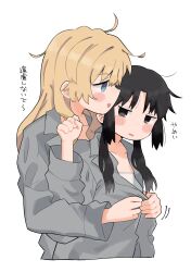 2girls absurdres ahoge assisted_exposure black_eyes blonde_hair blue_eyes blush_stickers check_translation chito_(shoujo_shuumatsu_ryokou) clenched_hand collarbone collared_shirt grey_shirt highres hug hug_from_behind long_hair low_twintails multiple_girls partially_translated shirt shoujo_shuumatsu_ryokou sidelocks translation_request twintails unbuttoning undressing_another upper_body white_background yoyohachi yuri yuuri_(shoujo_shuumatsu_ryokou)