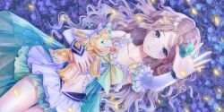 Rule 34 | 1girl, arm up, blue reflection (series), blue reflection sun, brown hair, clothing cutout, collarbone, detached sleeves, dress, falling petals, field, flower, flower field, forehead, frilled dress, frilled sleeves, frills, from above, game cg, green flower, green skirt, hair flower, hair ornament, hibiscus, highres, jewelry, kishida mel, layered skirt, long hair, looking at viewer, lying, magical girl, navel, navel cutout, non-web source, official art, on back, open mouth, parted bangs, petals, purple eyes, purple flower, ring, see-through skirt layer, shijou raimu, shijou raimu (reflector), skirt, solo, stuffed animal, stuffed toy, teddy bear, wavy hair, white dress, white flower, white skirt, white sleeves, yellow petals
