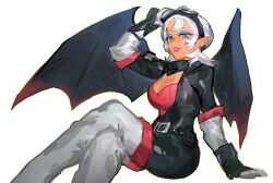 1girl bat_wings belt black_belt black_jacket black_wings blue_eyes blue_eyeshadow breasts commentary eyeshadow feet_out_of_frame gloves goggles goggles_on_head hashtag-only_commentary highres humanization jacket kanalit5 makeup medium_hair parted_lips pink_lips pink_shirt pointy_ears rouge_the_bat shirt simple_background sitting solo sonic_(series) thighhighs white_background white_gloves white_hair white_thighhighs wings