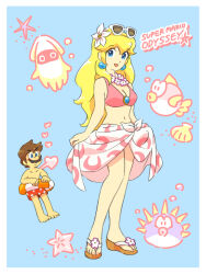 Rule 34 | 1boy, 1girl, bikini, blonde hair, blooper (mario), blue eyes, blush, breasts, brown hair, cleavage, earrings, facial hair, feet, fish, grin, heart, jewelry, legs, looking at another, looking at viewer, mario, mario (series), mustache, navel, nintendo, princess peach, sandals, skirt, smile, spoken heart, sunglasses, super mario odyssey, swimsuit, toes