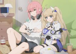 1boy 1girl :q a_pi ahoge bag bilibili_581334 black_gloves blonde_hair blue_eyes blush breasts c_chan_(vtuber) chinese_commentary cleavage coat cola commentary_request commission floral_print full_body gloves handbag headphones headphones_around_neck highleg highres indie_virtual_youtuber indoors joy-con large_breasts leaning_back leg_grab leotard long_hair long_sleeves looking_ahead milk_tea pink_hair playing_games red_eyes second-party_source shadow shirt shorts sitting smile thighhighs tongue tongue_out twintails wariza white_shirt white_thighhighs