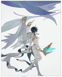 1boy aji_11300913 black_hair border bow_(weapon) braid cape commentary detached_sleeves dragon dvalin_(genshin_impact) english_commentary feathered_wings from_side full_body genshin_impact gradient_hair green_hair hashtag-only_commentary highres holding holding_bow_(weapon) holding_weapon male_focus medium_hair multicolored_hair shorts simple_background single_thighhigh skyward_harp_(genshin_impact) solo stomach thighhighs twin_braids two-tone_hair venti_(archon)_(genshin_impact) venti_(genshin_impact) weapon white_border white_cape white_shorts white_sleeves white_thighhighs white_wings wings