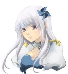 Rule 34 | 1girl, arch bishop (ragnarok online), blue dress, breasts, cleavage cutout, closed mouth, clothing cutout, commentary, cross, dress, english commentary, felia hanakata, juliet sleeves, long hair, long sleeves, looking at viewer, medium breasts, pinwheel hair ornament, pointy ears, portrait, puffy sleeves, purple eyes, ragnarok online, simple background, smile, solo, two-tone dress, upper body, white background, white dress, white hair