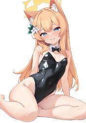 1girl alternate_costume animal_ear_fluff animal_ears aqua_eyes bare_shoulders barefoot black_bow black_thighhighs blue_archive bow breasts cat_ears collarbone detached_collar feet flower halo highres legs leotard loli long_hair mari_(blue_archive) orange_hair playboy_bunny simple_background small_breasts smile solo thighhighs white_background white_flower yellow_halo zarashi