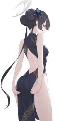 1girl absurdres ass back back_cutout bare_shoulders black_dress black_hair blue_archive breasts butterfly_hair_ornament china_dress chinese_clothes clothing_cutout commentary double_bun dragon_print dress gold_trim grey_eyes hair_bun hair_ornament halo highres kisaki_(blue_archive) long_hair looking_at_viewer looking_back pelvic_curtain short_dress side_slit small_breasts solo sukaliya thighs twintails