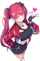 Rule 34 | 1girl, black gloves, black shirt, black skirt, breasts, cropped shirt, earrings, fingerless gloves, gloves, hair ornament, hair ribbon, hand on own hip, heart, heart earrings, heart hair ornament, highres, hololive, houshou marine, iii (hololive), jacket, jewelry, karakr shin, large breasts, multicolored jacket, one eye closed, red hair, red jacket, red ribbon, ribbon, shirt, silver earrings, skirt, two-tone jacket, virtual youtuber, white background, yellow eyes